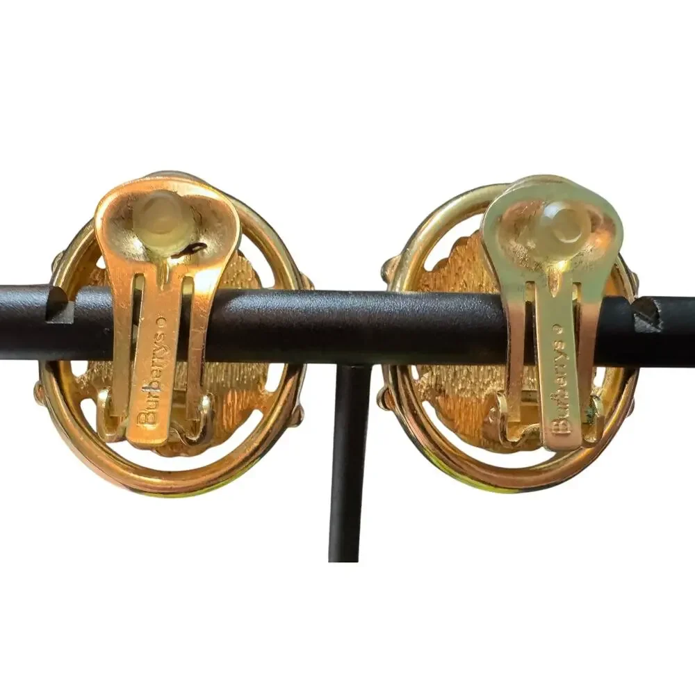 Auth. Vintage Burberry Gold Tone Chunky Cameo Earrings EUC